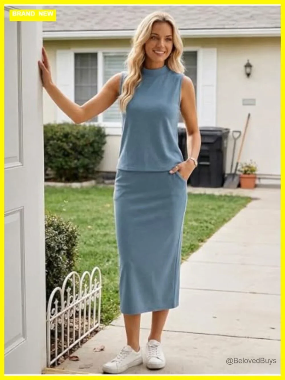 Women's 2 Piece Skirt Set Sleeveless Mock Neck Midi Skirt Lounge Travel Outfit